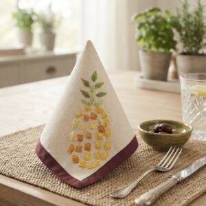 The Kala Cotton Twill Pineapple Napkin – Hand-Embroidered Pineapple Motif with Maroon Border