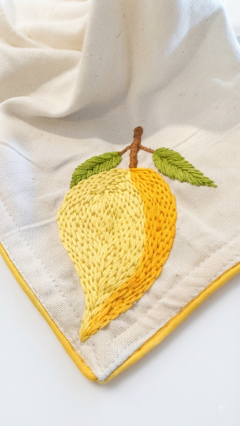 The Kala Cotton Twill Mango Napkin – Hand-Embroidered Mango Motif with Yellow Border - Image 2