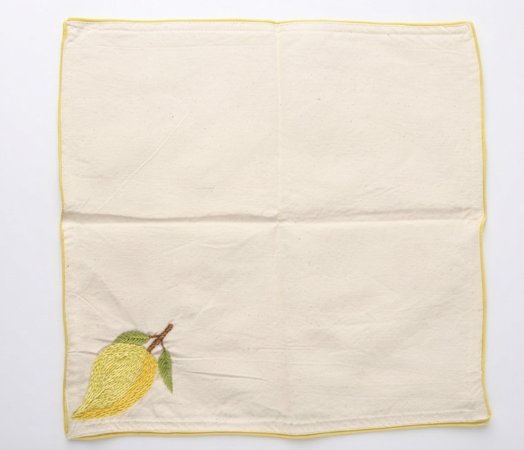 The Kala Cotton Twill Mango Napkin – Hand-Embroidered Mango Motif with Yellow Border - Image 3
