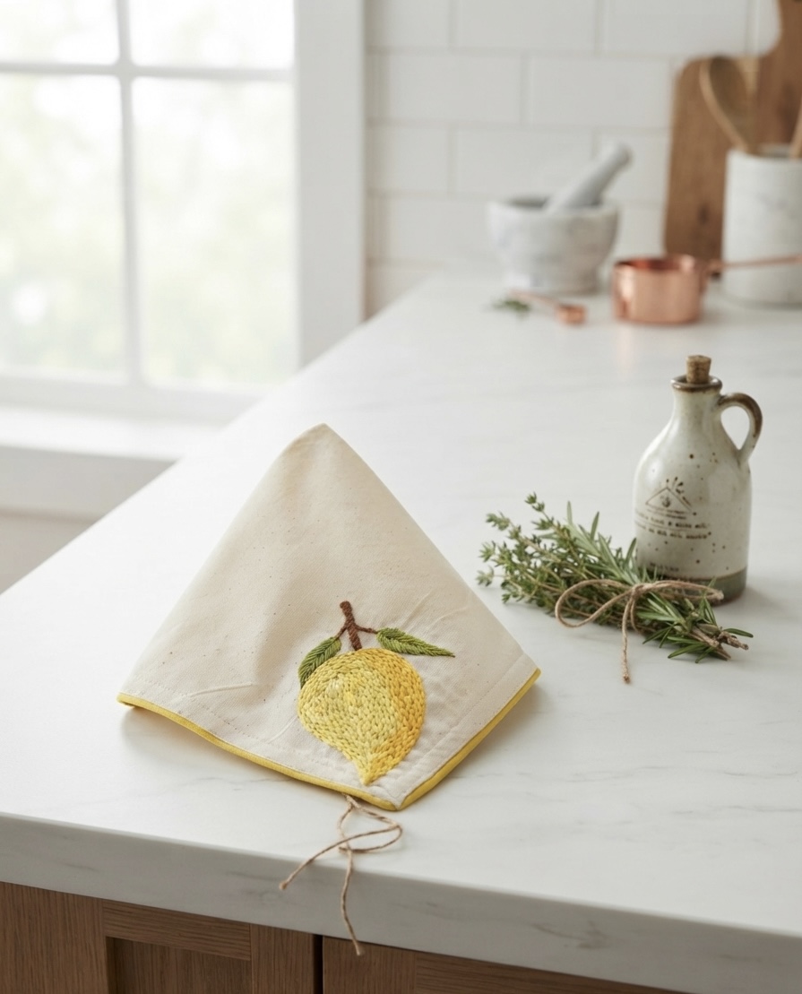 The Kala Cotton Twill Mango Napkin – Hand-Embroidered Mango Motif with Yellow Border - Image 4