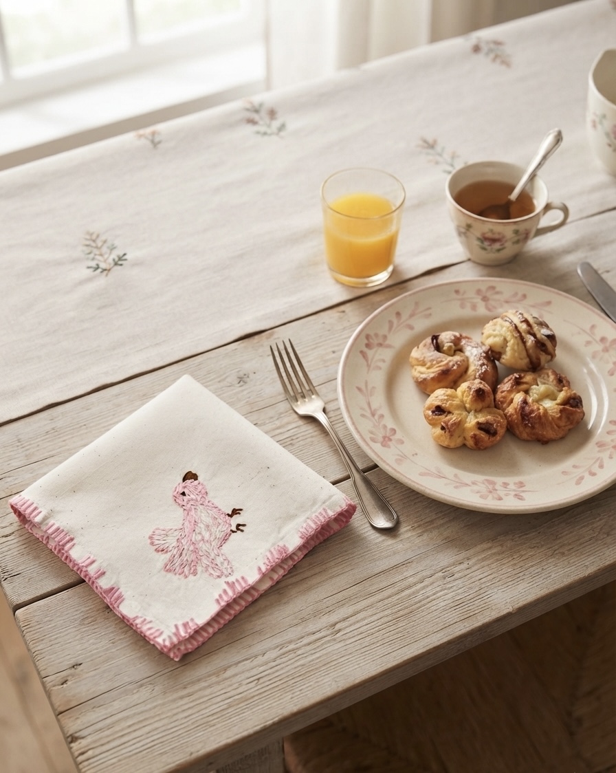 3. The Kala Cotton Twill Songbird Napkin – Hand-Embroidered Bird Motif with Pink Border