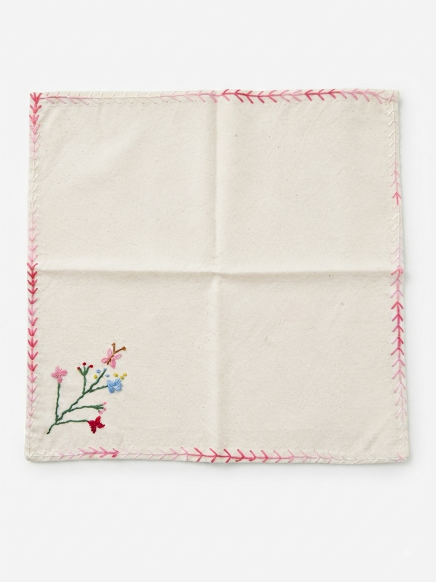The Kala Cotton Butterfly Garden Napkin – Hand-Embroidered Floral & Butterfly Motif with Pink Gradient Border - Image 2