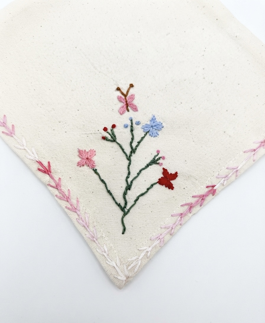 The Kala Cotton Butterfly Garden Napkin – Hand-Embroidered Floral & Butterfly Motif with Pink Gradient Border - Image 3