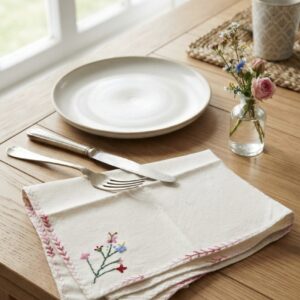 The Kala Cotton Butterfly Garden Napkin – Hand-Embroidered Floral & Butterfly Motif with Pink Gradient Border