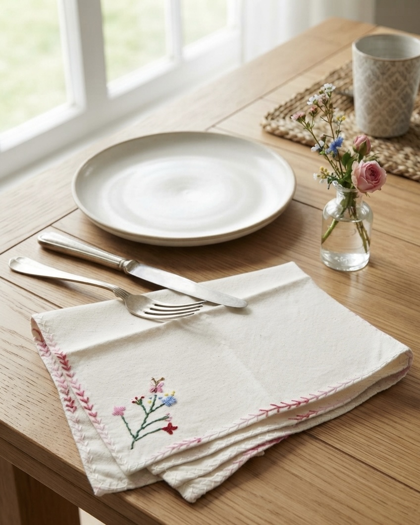 The Kala Cotton Butterfly Garden Napkin – Hand-Embroidered Floral & Butterfly Motif with Pink Gradient Border